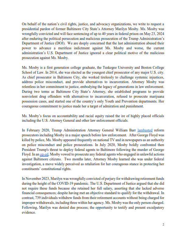 Joint Letter - Presidential Pardon for Marilyn Mosby - 