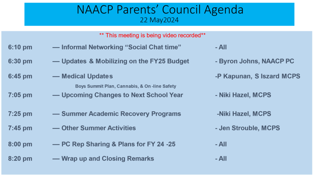 NAACP Parents' Council Agenda